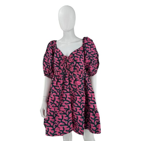 Elsamama NEW Pink Bimpe Abstract Cotton Tiered Relaxed Fit Mini Dress Size M - Picture 1 of 7